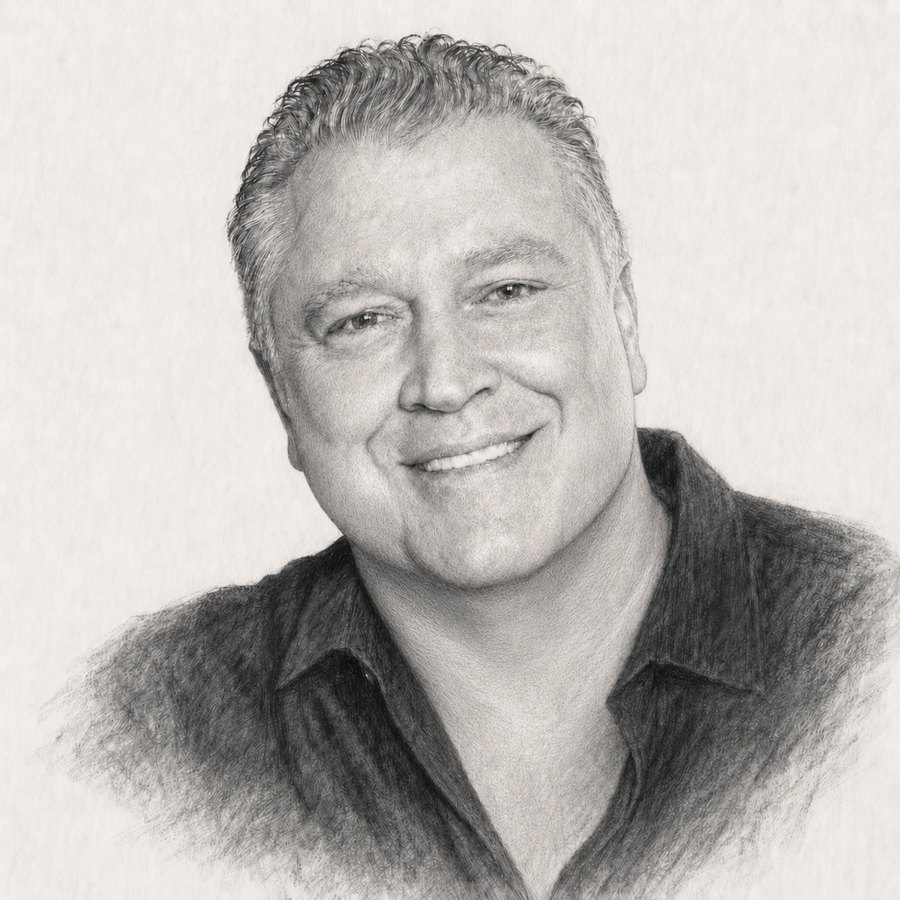 Pencil-sketch portrait of Sean Purcell, smiling
