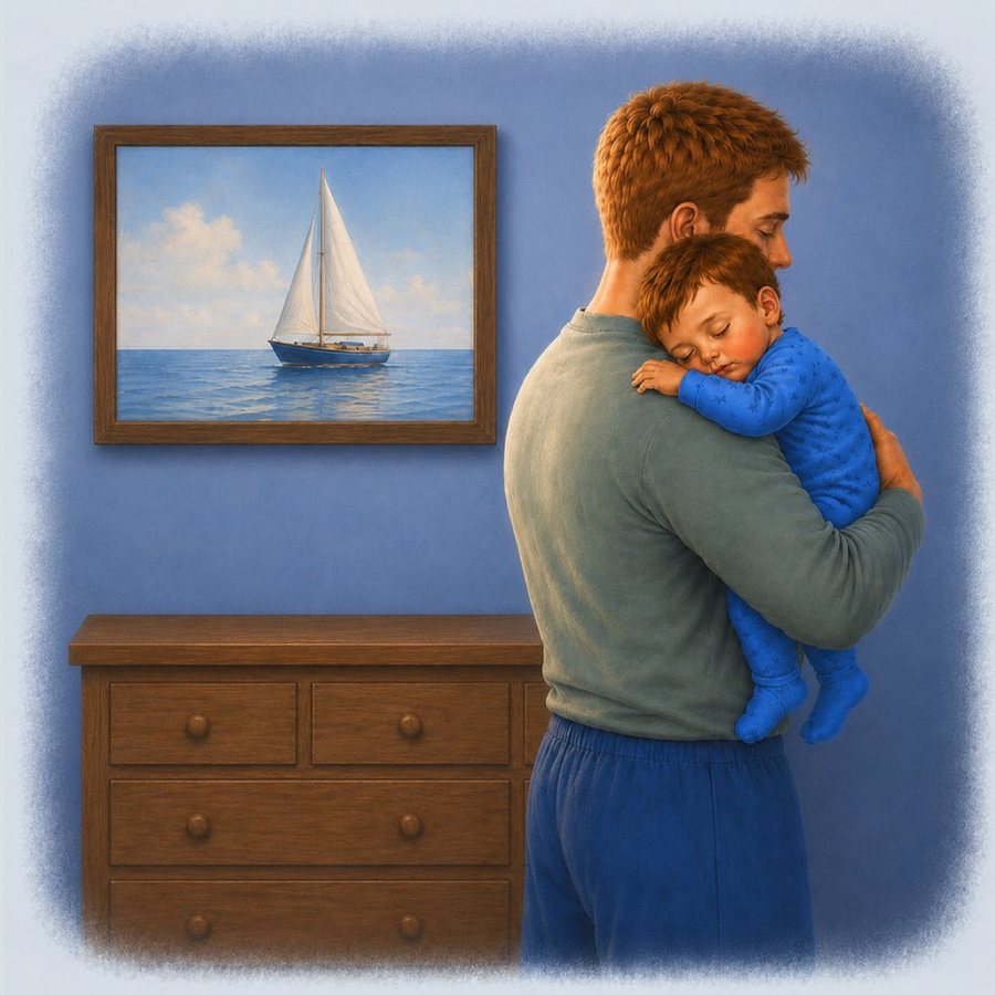 The father holds his drowsy son beside a painting of a sailboat